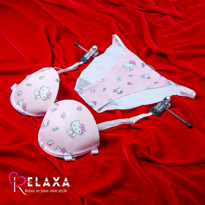 Cartoon Printed Bra Set With Transparent Straps